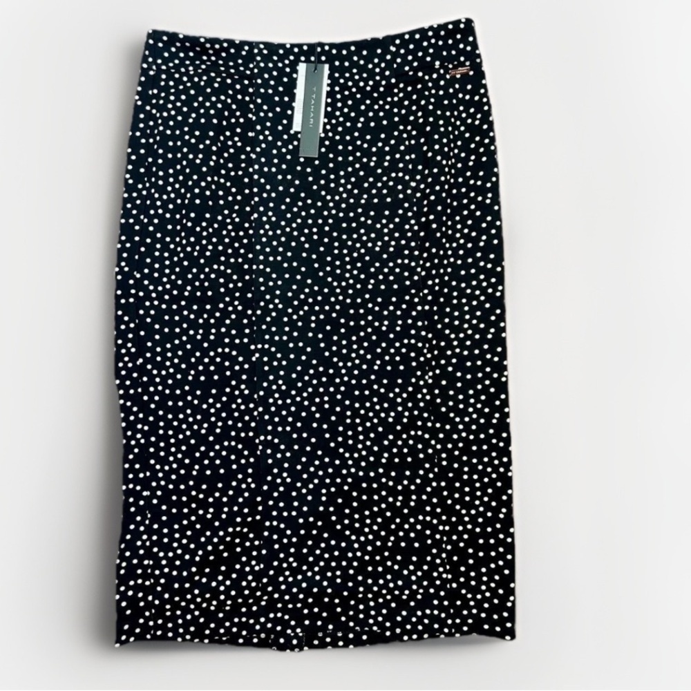 T TAHARI Midi Pencil Skirt Size M Black White Polka Dot Slit Leg Tummy Control